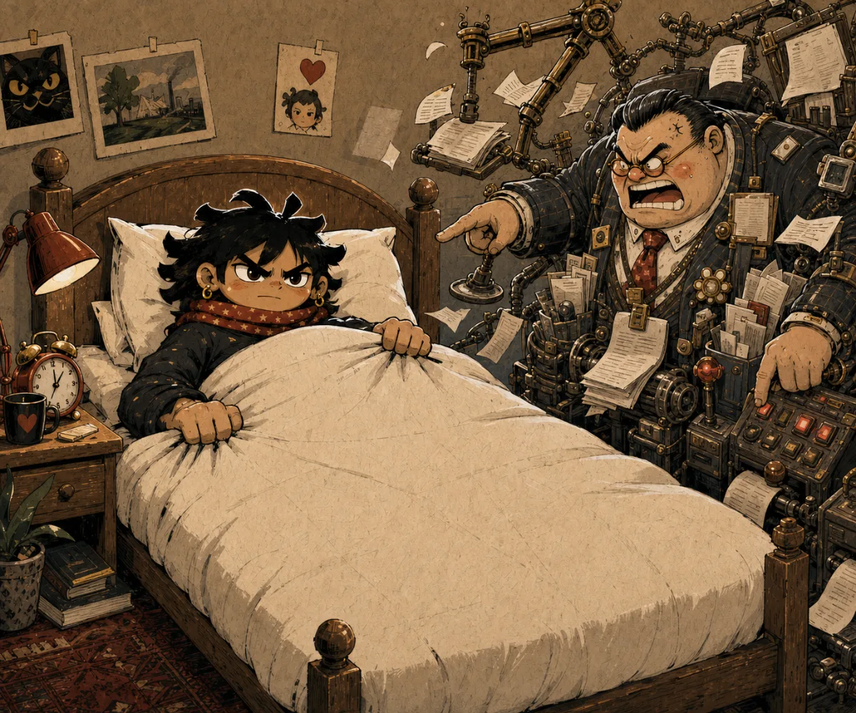 A dark-haired figure lies in bed, gripping the duvet with both fists and glaring upward. Leaning over them is Management: a heavy besuited grotesque in pinstripes and wire-rimmed glasses, mouth open mid-shout, one finger jabbing down at the bed. Behind him a mass of brass machinery spills printed paperwork across the room.